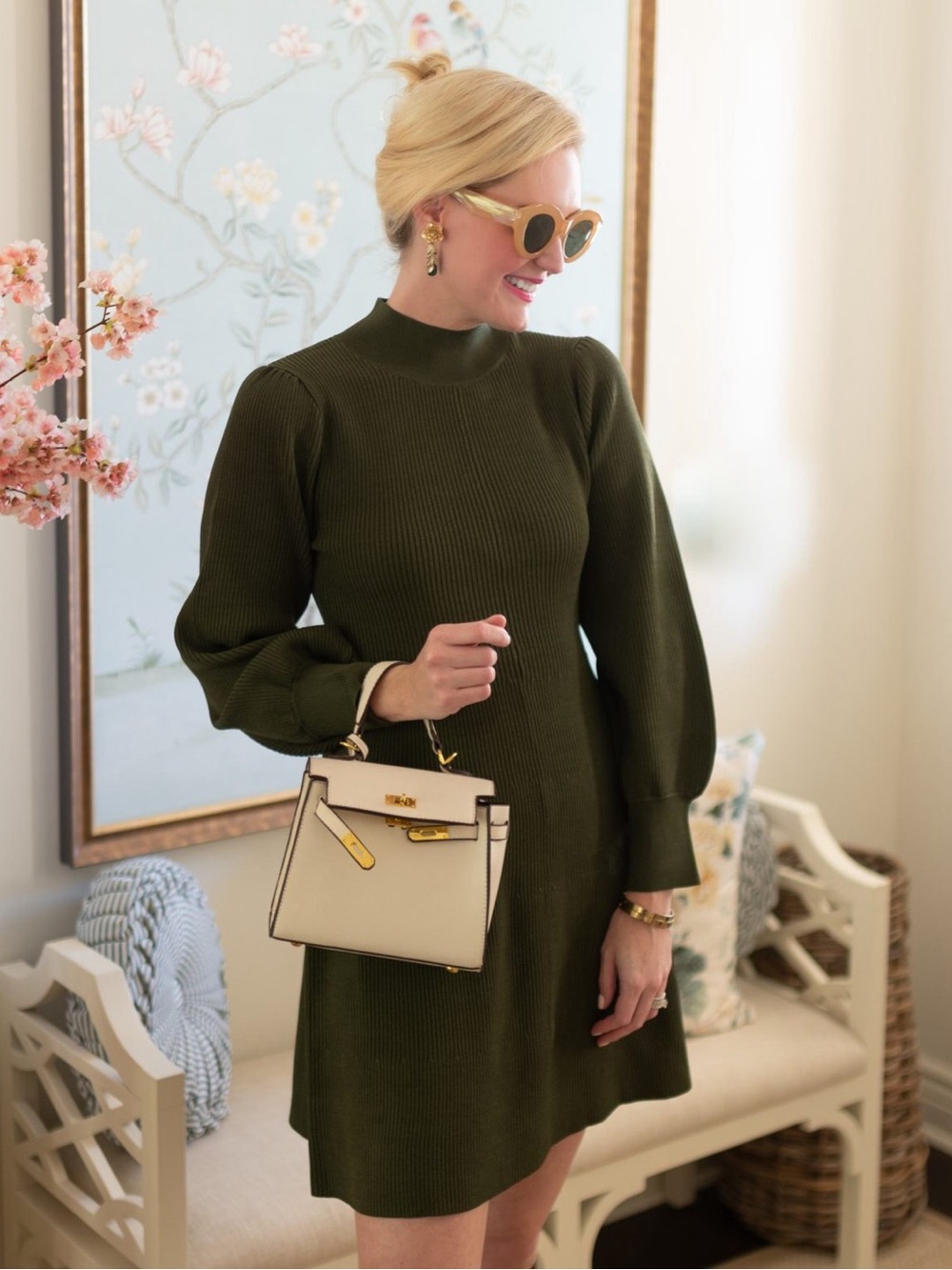 Hill House Mariana Dress- Rib-Knit Mock Neck Long Sleeve Dress - Olive Green XL